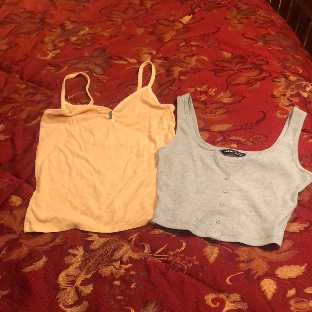 2 XSmall Ribbed Tanks - Gold is American Eagle Cami & Gray is Shein Mid-Riff